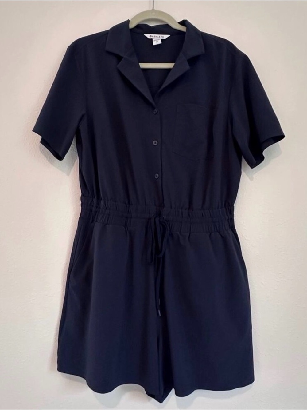 Athleta Navy Short-Sleeve Drawstring Romper